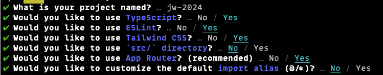 Image showing the steps taken in the terminal to set up Next.js 14